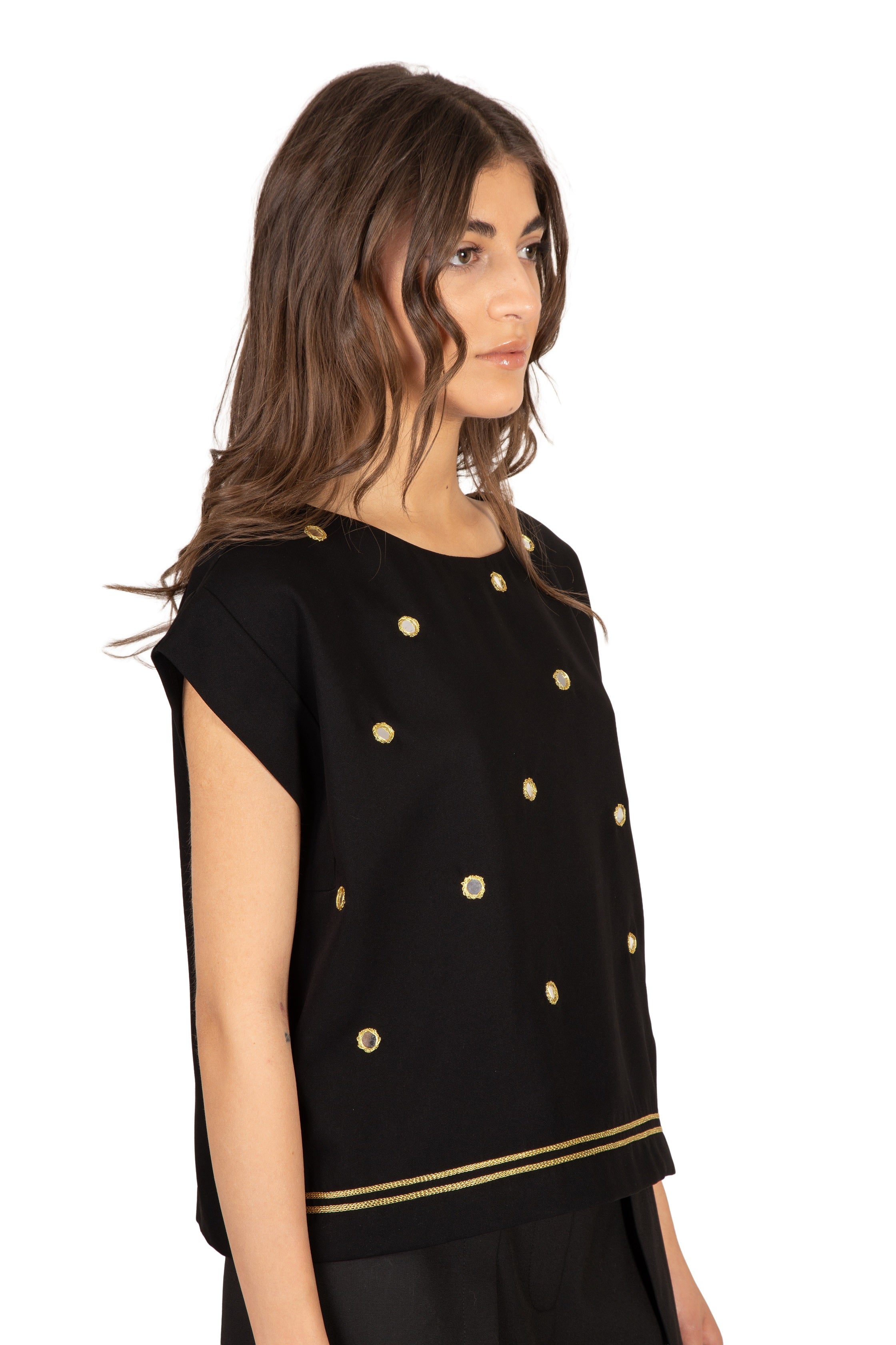 Star Mirror-Embellished Cap-Sleeve Top