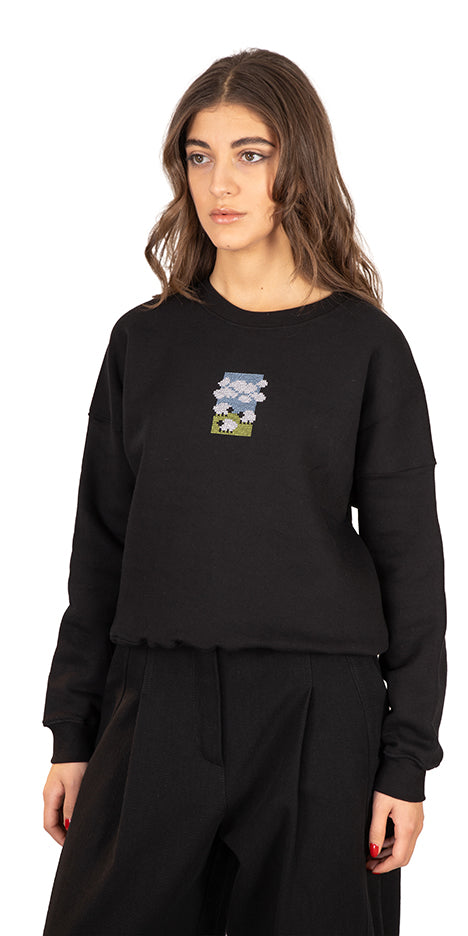 Sheep Flock Embroidered Cropped Sweater