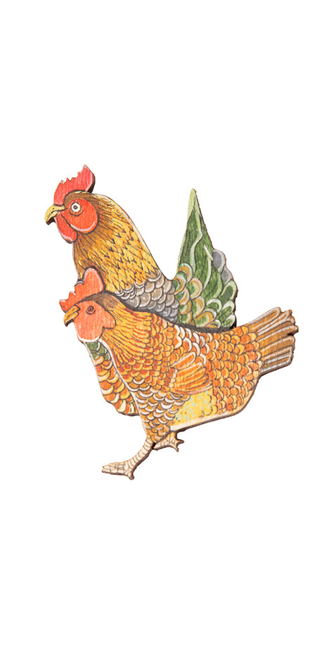 Hen & Rooster Hand-Painted Brooch