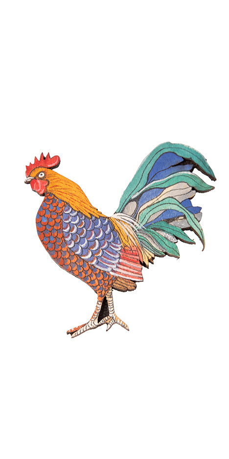 Hand-Painted Garden Tail Rooster Brooch